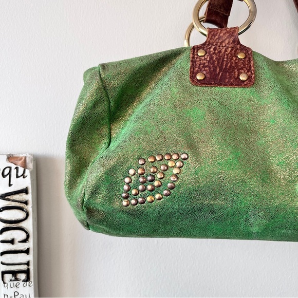 Vintage Y2K Betsey Johnson Metallic Green Leather Studded Cargo Bag - Picture 8 of 16